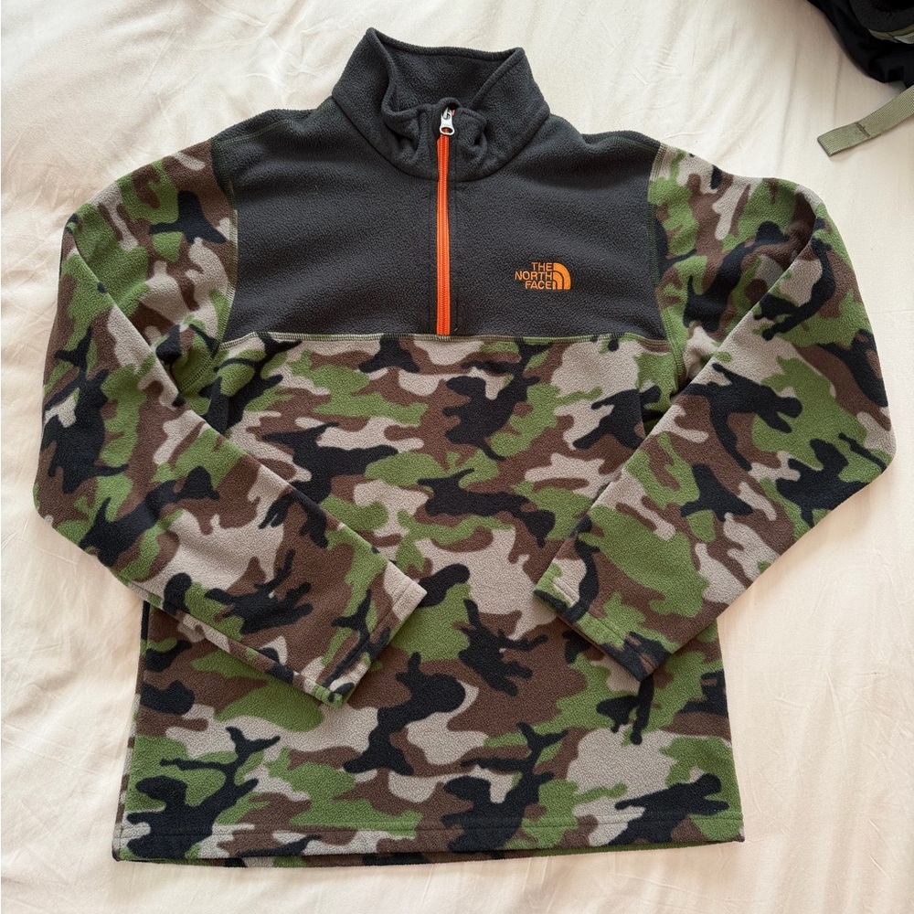 The North Face Kids Fleece Pullover - Green Camo with Black & Orange Accents